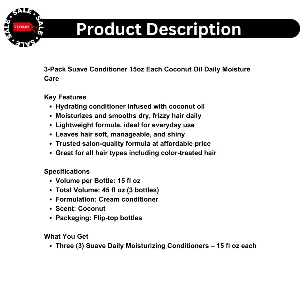 3-Pack Suave Conditioner 15oz Each Coconut Oil Daily Moisture‎ Care
